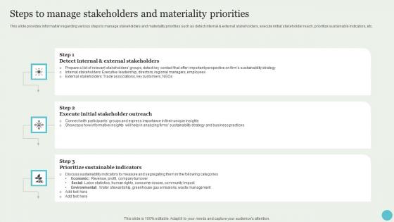 Steps To Manage Stakeholders And Materiality Priorities Crafting A Sustainable Company Diagrams Pdf