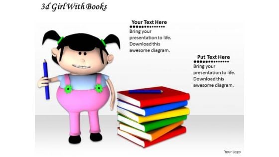 Stock Photo 3d Books And Girl Holding Pen PowerPoint Slide Stock Photo 3d Books And Girl Holding Pen PowerPoint Slide