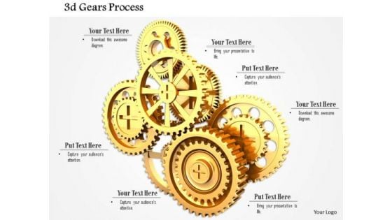 Stock Photo 3d Golden Gears For Process Control PowerPoint Slide