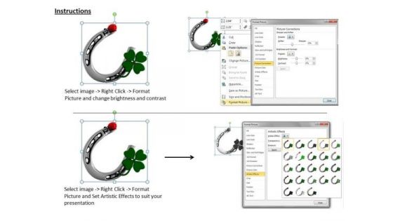 Stock Photo 3d Graphic Of Horse Shoe With Green Clover Leaf PowerPoint Slide