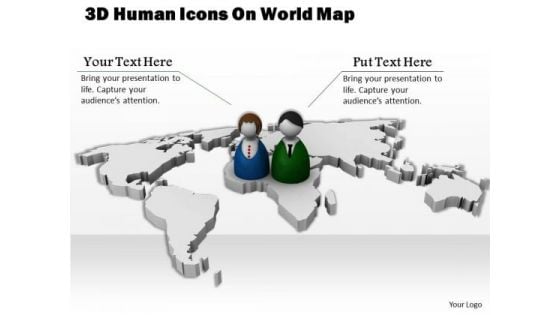 Stock Photo 3d Human Icons On World Map For Global Business Relation PowerPoint Slide