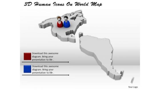 Stock Photo 3d Human Icons On World Map PowerPoint Slide