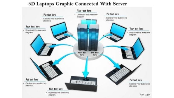 Stock Photo 3d Laptops Graphic Connected With Server PowerPoint Slide