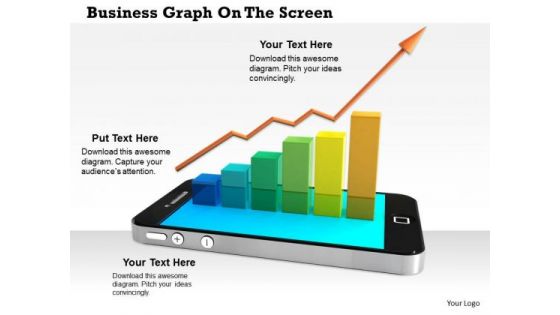 Stock Photo Arrow Growth Bar Graph On Phone Pwerpoint Slide