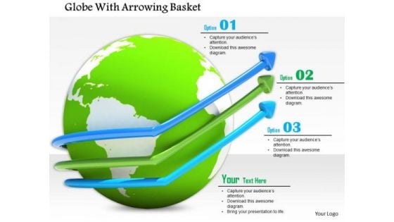 Stock Photo Arrows On Globe Showing Three Steps PowerPoint Slide