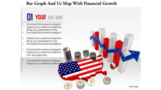 Stock Photo Bar Graph And Us Map With Financial Growth PowerPoint Slide