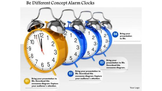 Stock Photo Be Different Concept Alarm Clocks PowerPoint Slide