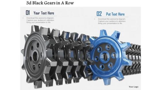 Stock Photo Blue Gear Coming Out From Line Of Black Gears PowerPoint Slide