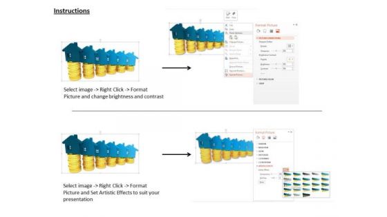 Stock Photo Blue House Icons On Gold Coins PowerPoint Slide