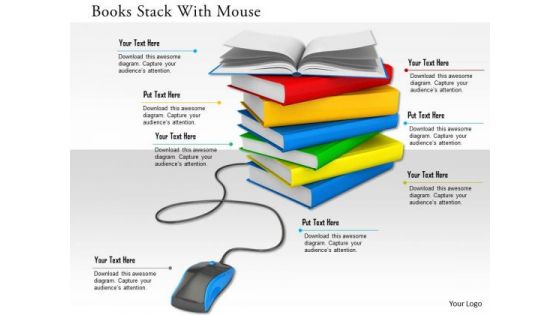 Stock Photo Books Stack With Mouse PowerPoint Slide