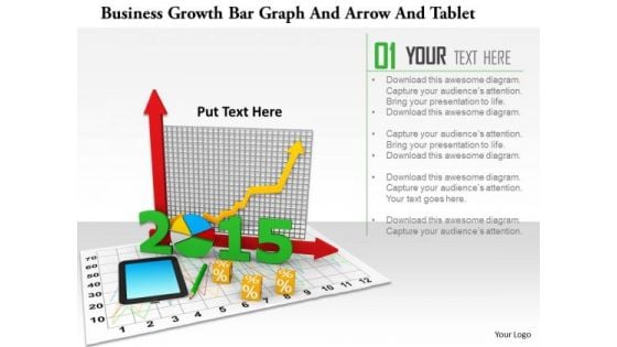 Stock Photo Business Growth Bar Graph And Arrow And Tablet PowerPoint Slide