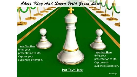 Stock Photo Chess King And Queen With Green Lawn PowerPoint Template