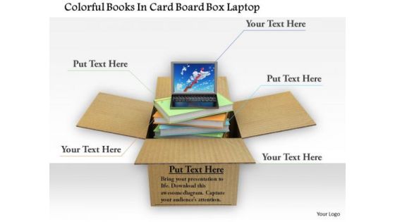 Stock Photo Colorful Books In Card Board Box Laptop PowerPoint Slide