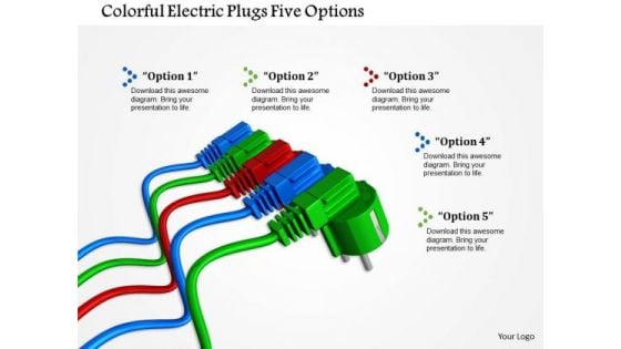 Stock Photo Colorful Electric Plugs Five Options PowerPoint Slide