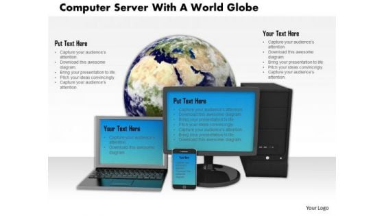 Stock Photo Computer Server Smartphone With The World Globe PowerPoint Slide