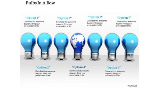 Stock Photo Globe Bulb In Center Of Blue Bulbs PowerPoint Slide