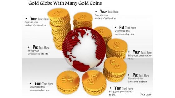 Stock Photo Globe With Red Textured Map Gold Coins PowerPoint Slide