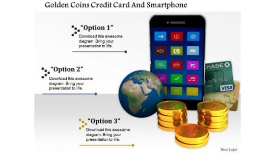 Stock Photo Golden Coins Credit Card And Smartphone PowerPoint Slide