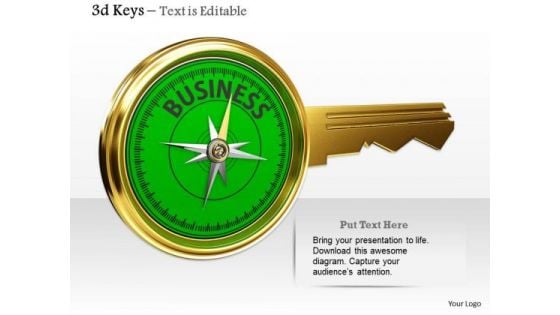 Stock Photo Golden Key Compass With Business Word PowerPoint Slide