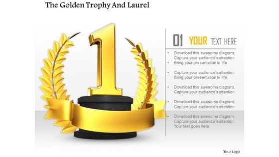 Stock Photo Golden Trophy Award For 1st Rank Pwerpoint Slide