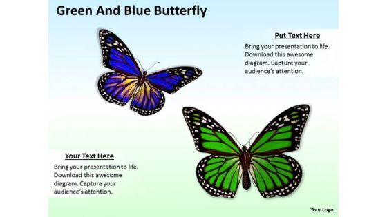 Stock Photo Green And Blue Butterflies Nature Theme PowerPoint Slide