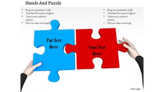 Stock Photo Hands Fixing Red And Blue Puzzles PowerPoint Slide