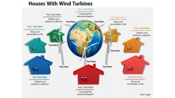 Stock Photo Houses Around Globe With Wind Turbines PowerPoint Slide