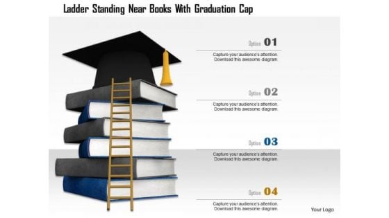 Stock Photo Ladder Standing Near Books With Graduation Cap PowerPoint Slide Stock Photo Ladder Standing Near Books With Graduation Cap PowerPoint Slide