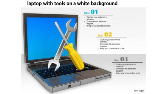 Stock Photo Laptop And Service Tool White Background PowerPoint Slide