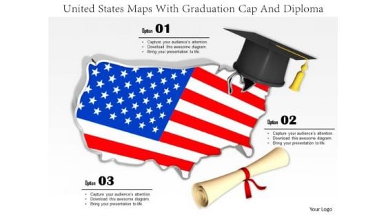 Stock Photo Map Of United States With Graduation Cap PowerPoint Slide