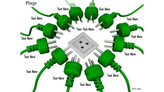 Stock Photo Multiple Green Plugs Approaching For One Socket PowerPoint Slide