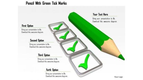 Stock Photo Pencil With Green Tick Marks PowerPoint Slide