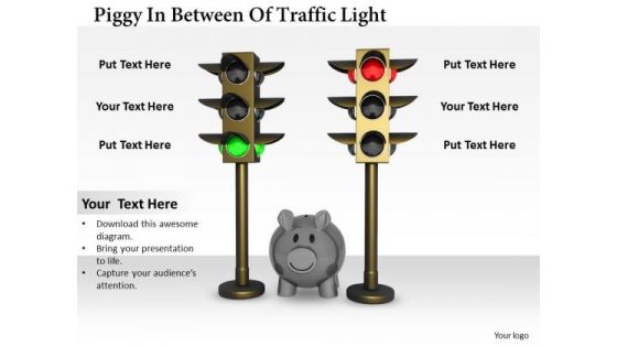 Stock Photo Piggy In Between Traffic Lights PowerPoint Slide