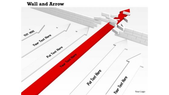 Stock Photo Red Arrow Achieves Success Breaking The Hurdle Wall PowerPoint Slide