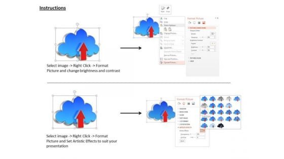 Stock Photo Red Upload Arrow On Blue Cloud Icon PowerPoint Slide