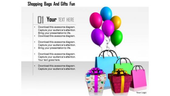 Stock Photo Shopping Bags With Gifts And Balloons PowerPoint Slide