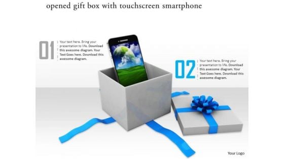 Stock Photo Smartphone Coming Out From Gift Box PowerPoint Slide