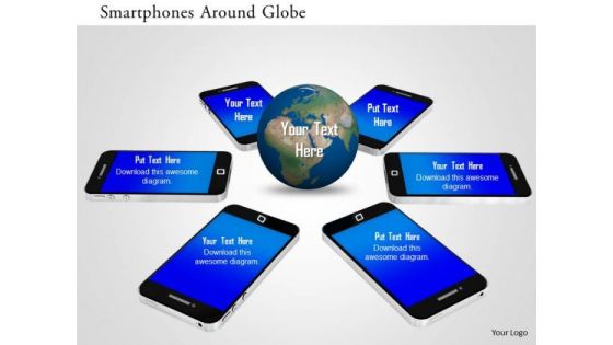 Stock Photo Smartphones Around Globe PowerPoint Slide
