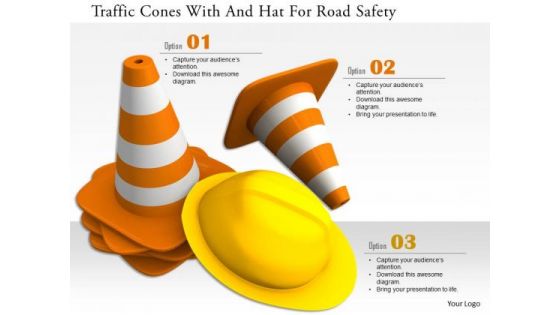Stock Photo Traffic Cones With And Hat For Road Safety PowerPoint Slide