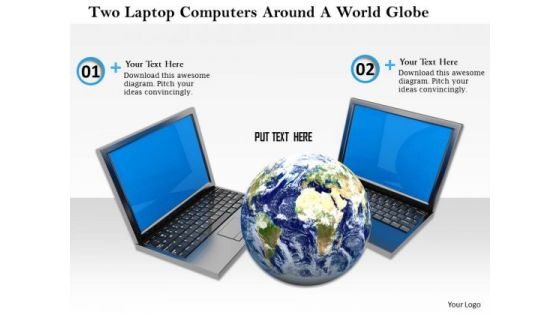 Stock Photo Two Laptop Computers Around Globe Pwerpoint Slide