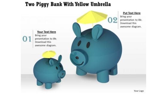 Stock Photo Two Piggy Banks With Yellow Umbrellas PowerPoint Slide