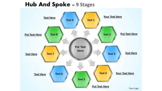 Strategic Management Hub And Spoke 9 Stages Strategy Diagram