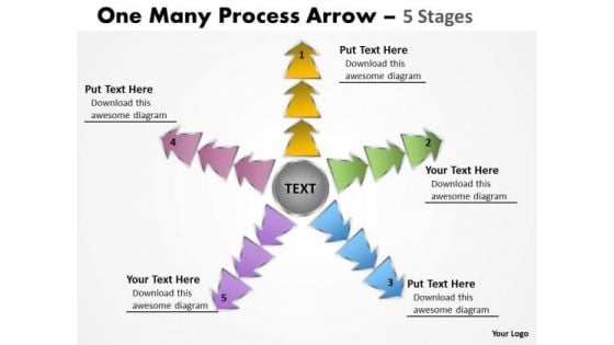 Strategic Management One Many Process Arrow 5 Stages Business Framework Model