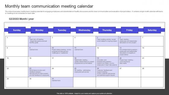 Strategies To Build Meaningful Monthly Team Communication Meeting Calendar Graphics PDF