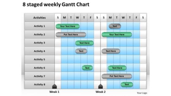 Strategy PowerPoint Template 8 Staged Weekly Gantt Chart Ppt Slides