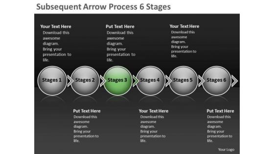 Subsequent Arrow Process 6 Stages Flowcharts PowerPoint Slides