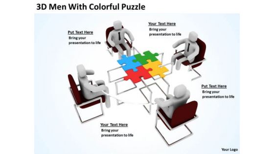 Successful Business Men 3d With Colorful Puzzle PowerPoint Slides