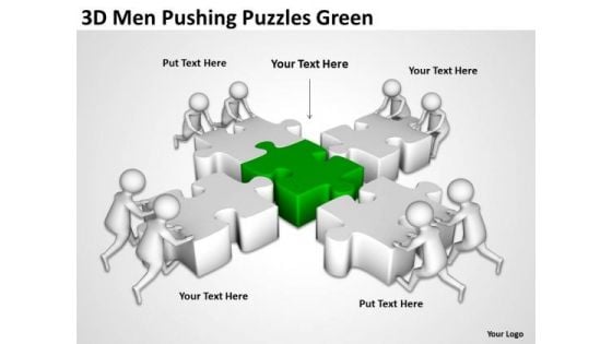 Successful Business People 3d Men Pushing Puzzles Green PowerPoint Templates