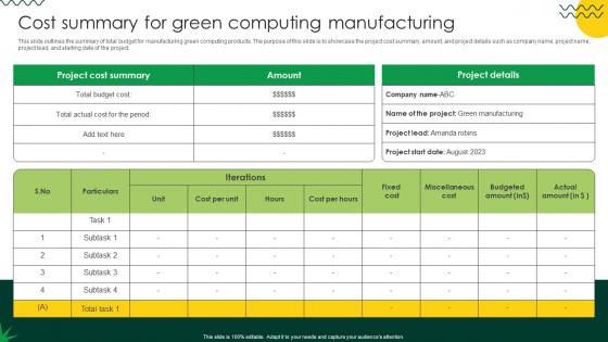 Sustainable Cost Summary For Green Computing Manufacturing Sustainable Cost Summary For Green Computing Manufacturing