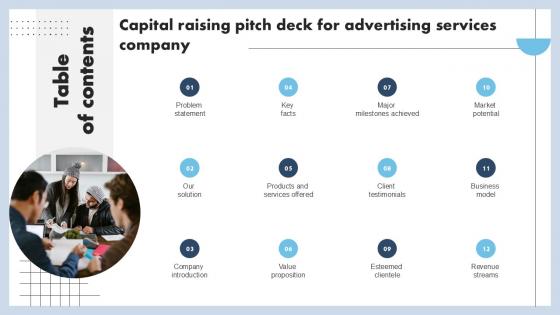 Table Of Content Capital Raising Pitch Deck For Advertising Services Company PPT Template Table Of Content Capital Raising Pitch Deck For Advertising Services Company PPT Template